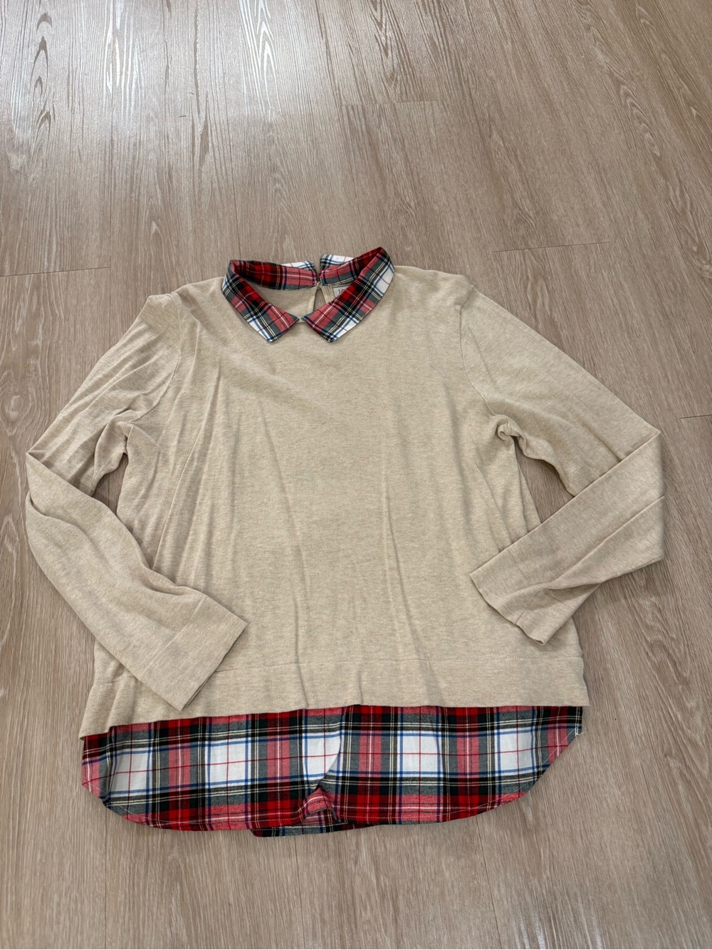 Layered-Look Sweater with Red Plaid Trim